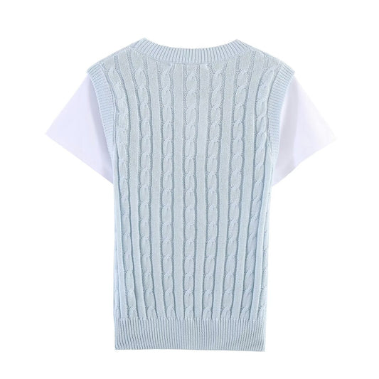 Women's contrasting fake two-piece knitted sweater