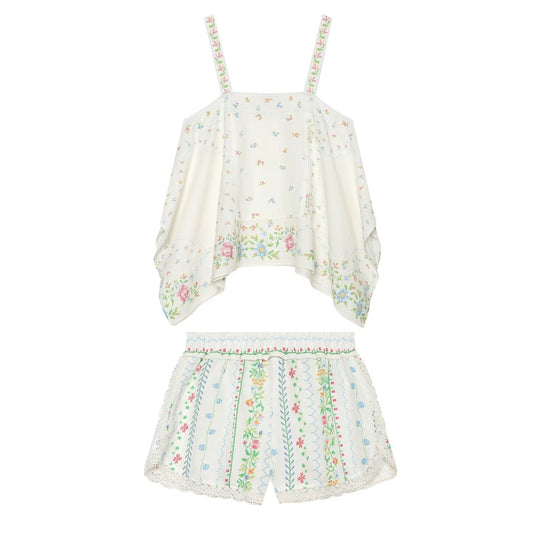 suit Women's 2 pieces linen blend printed asymmetrical top+shorts