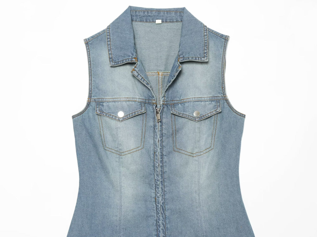Women's sleeveless lapel denim dress